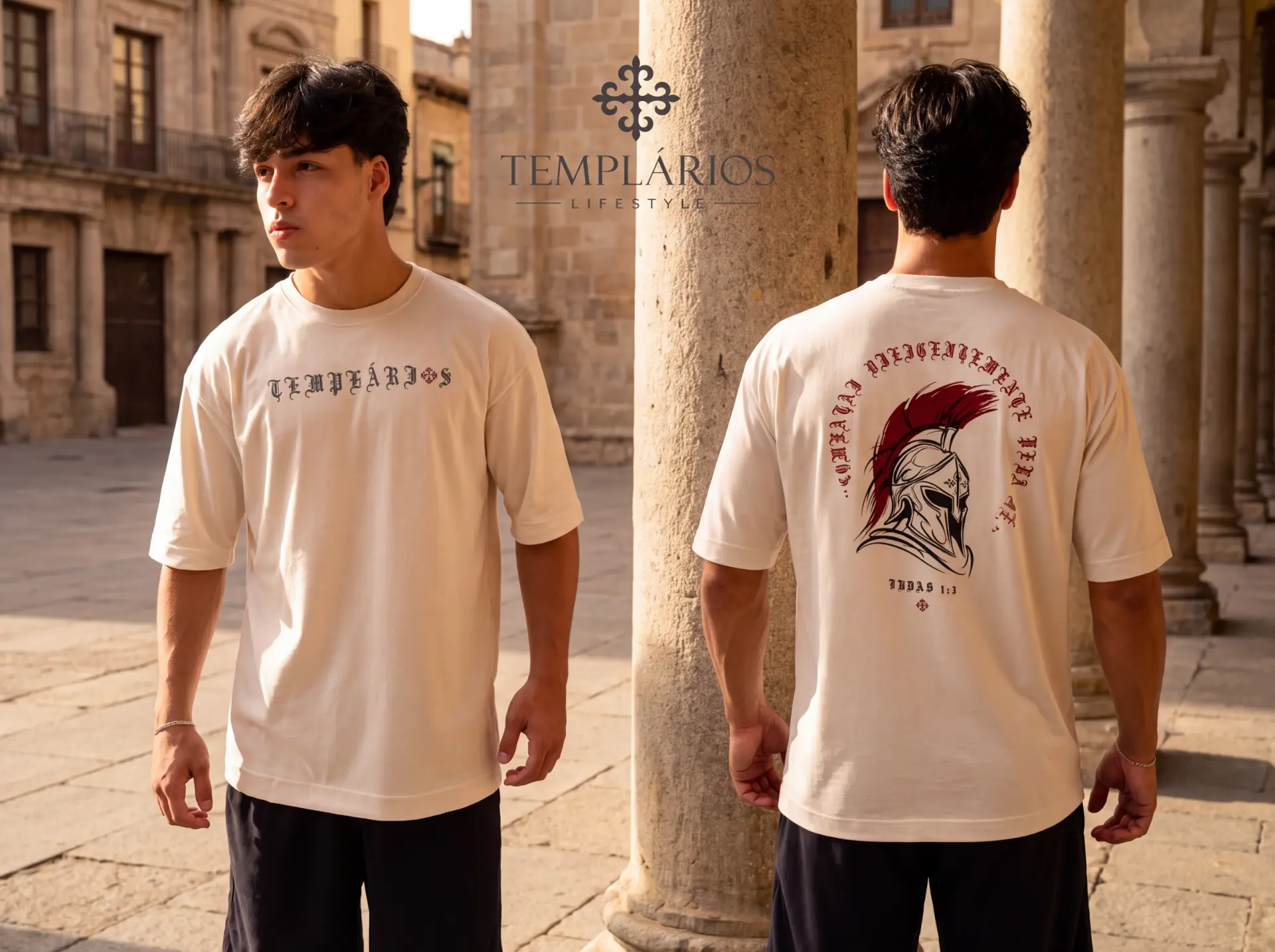 Modelo vestindo camiseta oversized TEMPLÁRIOS